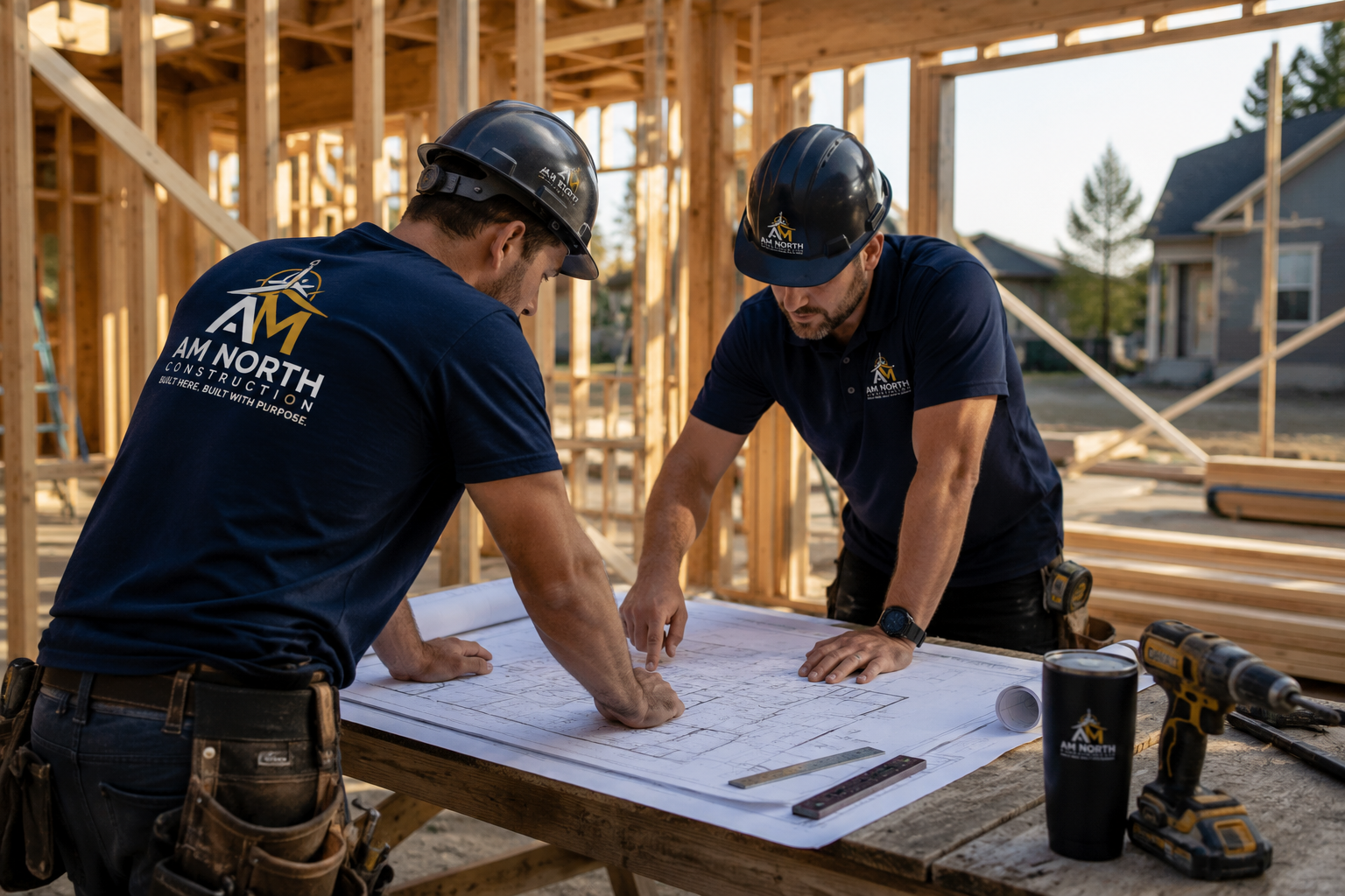 AM North construction professionals reviewing plans on site