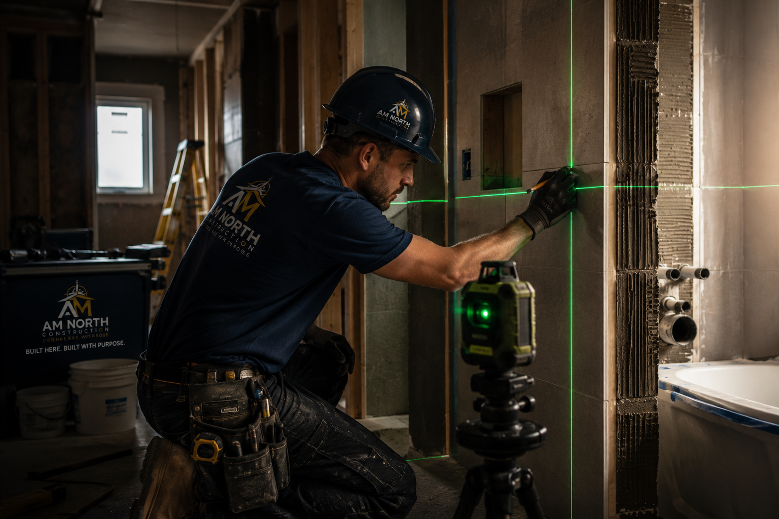 Construction professional checking precision and alignment in the field